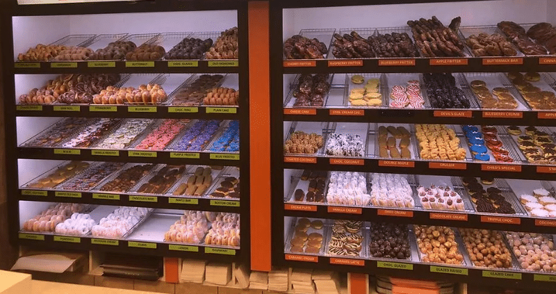 Donuts on display at Mr. Maple Donuts