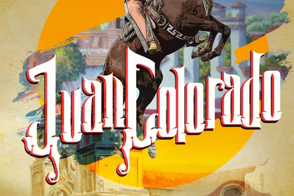 Juan Colorado restaurant logo over a collaged background featuring a horse and rider