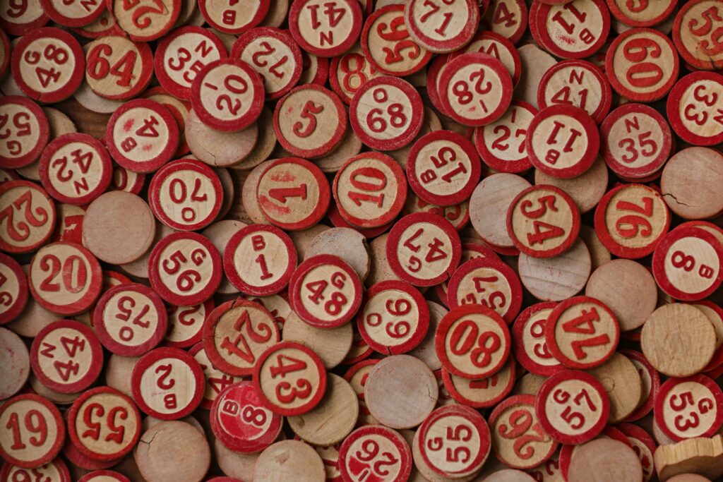 Numbered bingo chips in a pile