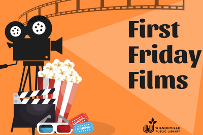 Orange background with standing movie projector light shining on First Friday Films title. Popcorn, 3D glasses and clapperboard below the projector.