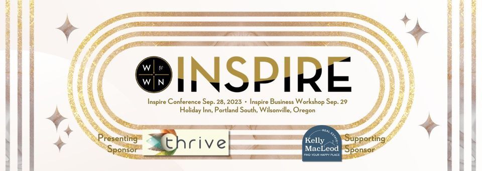 Gold accented shapes surrounding Women to Women Network logo next to INSPIRE text. Thrive presenting sponsor on the bottom left and Kelly Macleod supporting sponsor on the right