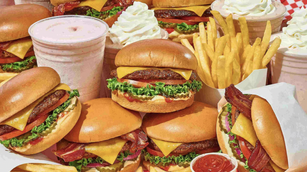 Photo of burgers, fries, and milkshakes