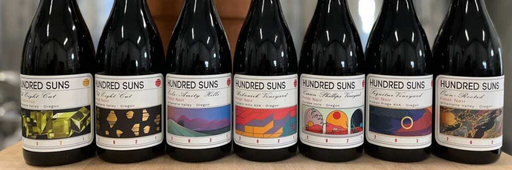 Photo of wine bottles showing the different types of wine you can get from Hundred Suns (Oregon Winery)