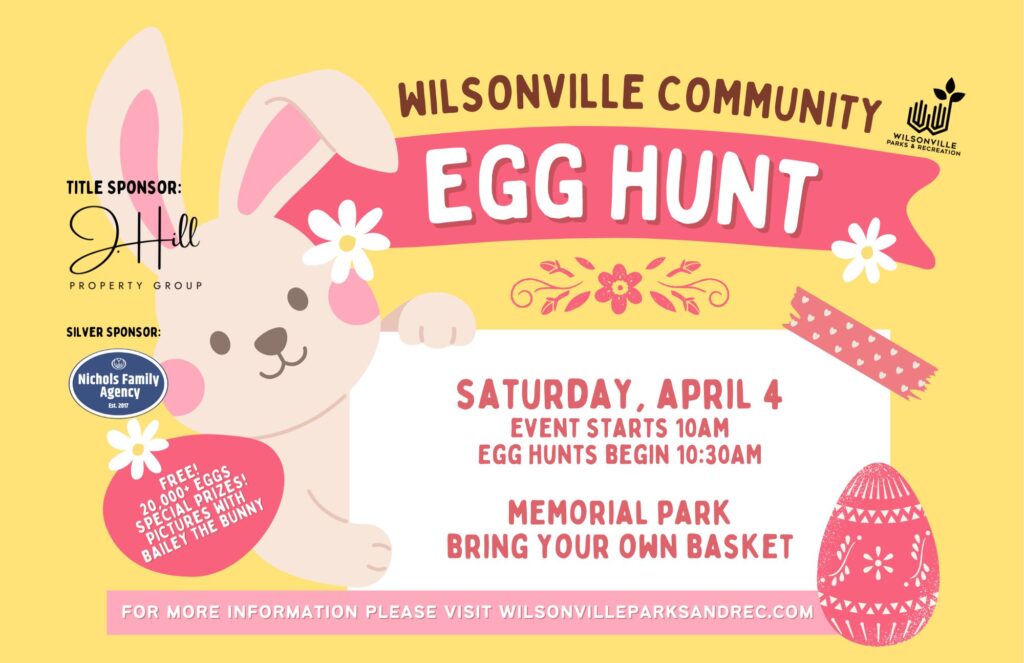 Wilsonville, OR egg hunt event graphic that has event details and a decorative bunny and easter eggs