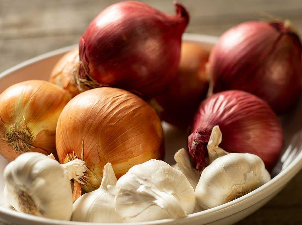 Photo of a bowl of onions and garlic bulbs