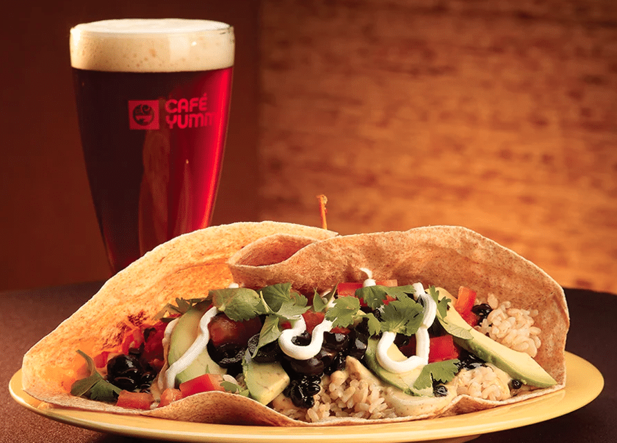 Photo of beer and meal from Cafe Yumm! in Wilsonville, Oregon