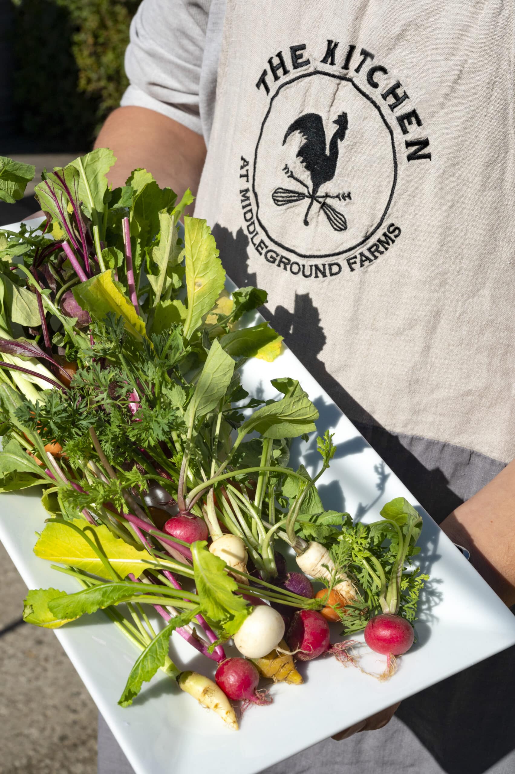 Photo of a member of the kitchen staff at Middleground Farms holding a plate full of freshly picked vegetables
