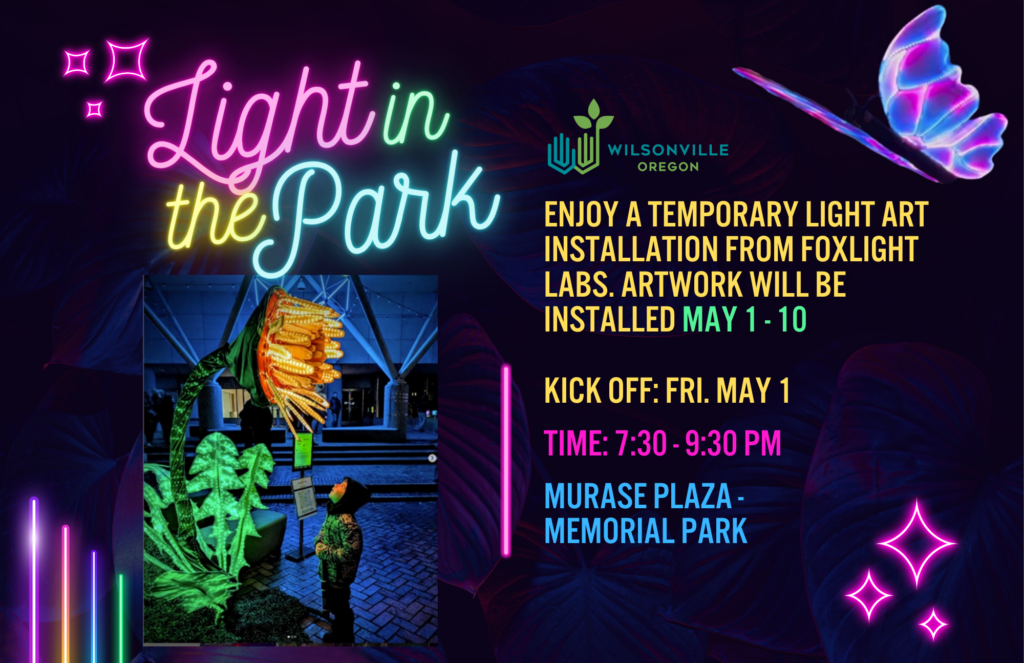 Light in the Park event graphic for event in Wilsonville, Oregon at Murase Plaza and Memorial Park