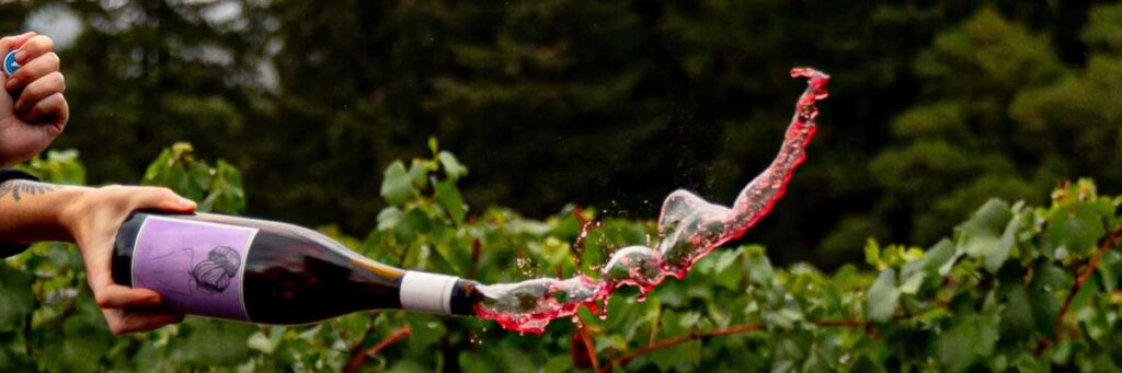 photo of Approachment Wine Bottle having wine thrown out of it for a photo op